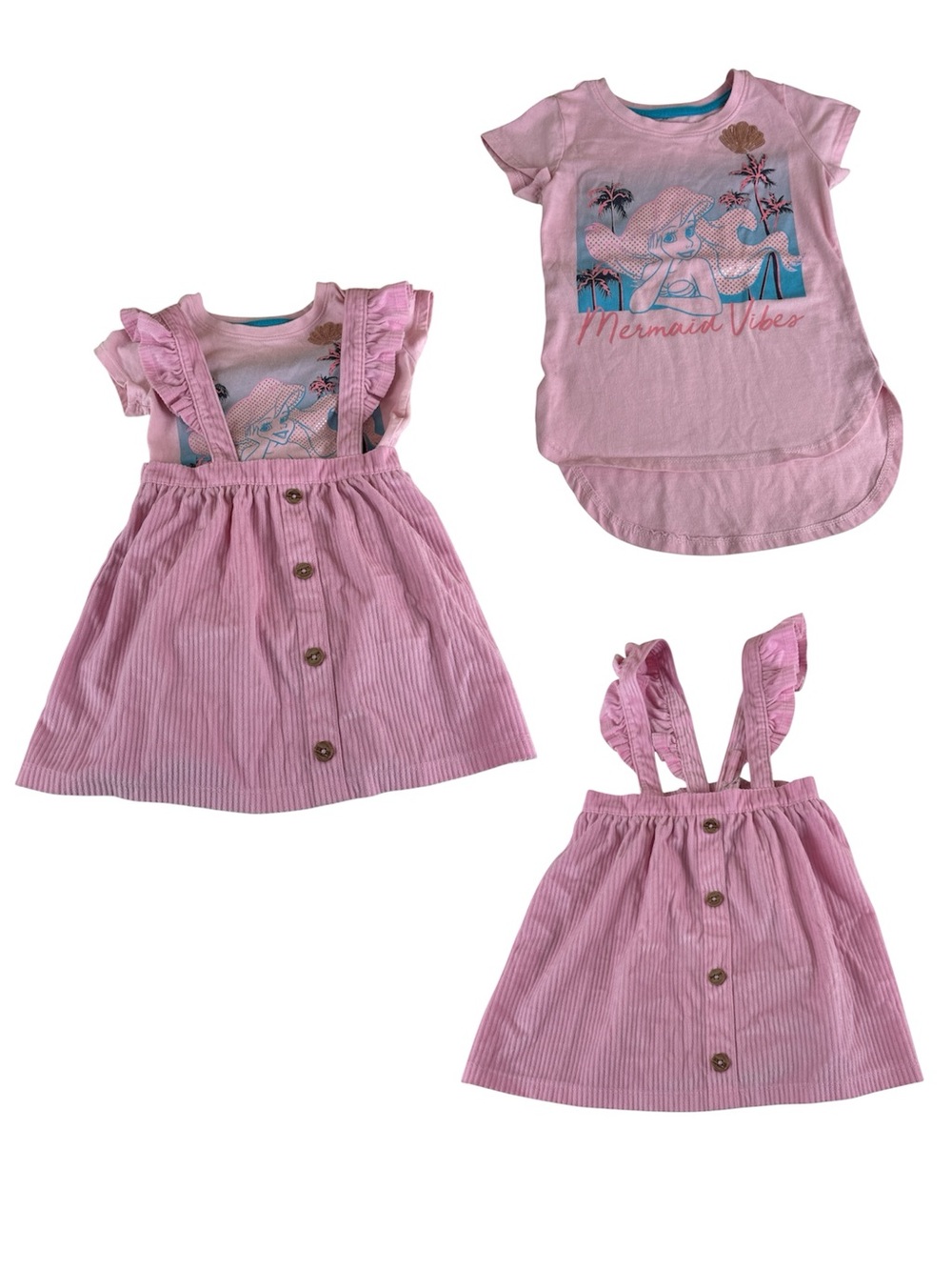 Disney Princess Pink Tee with Teal Trim with corduroy suspender skirt 4T